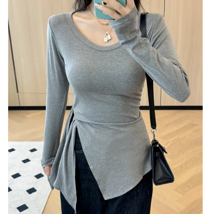 开叉打底衫显瘦内搭长袖不规则修身设计感t恤辣妹百搭紧身小众