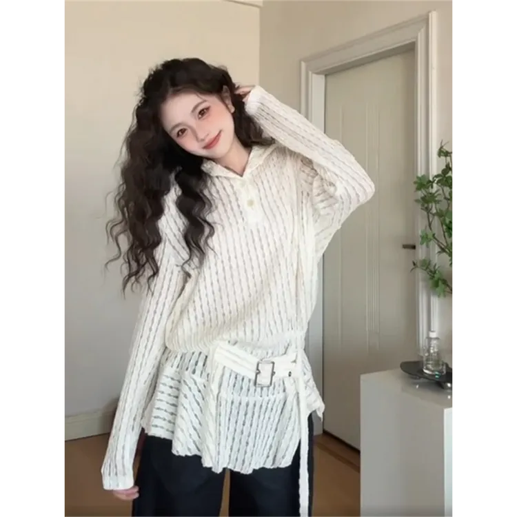 白色蕾丝镂空连帽长袖衬衫女春季设计感小个子宽松荷叶边长袖上衣
