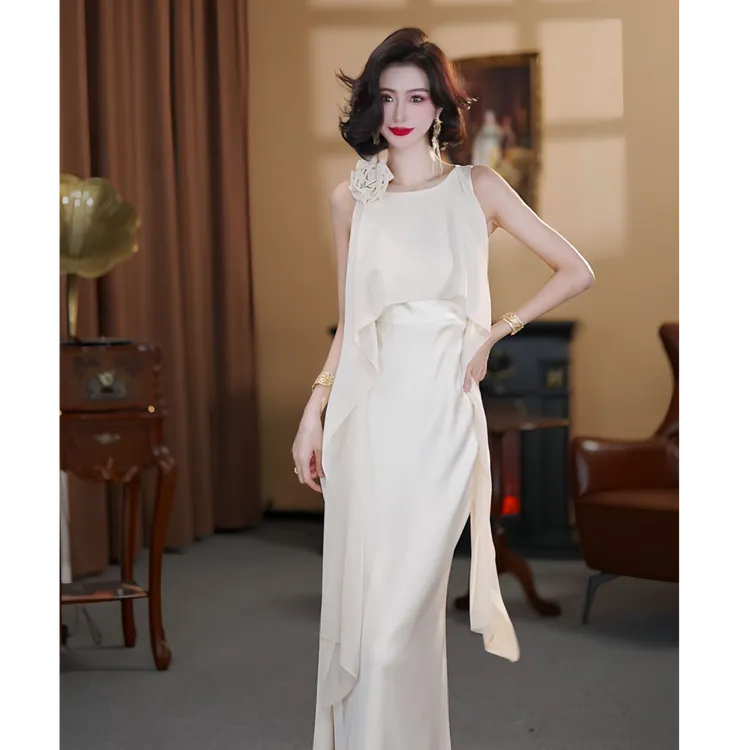 【大晶定制】“百变女神”春季新款米白优雅网纱修身连衣裙-DJ10150