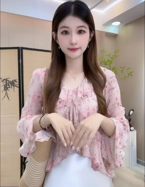【593】不规则荷叶边V领碎花衬衫女新款高级感减龄洋气上衣