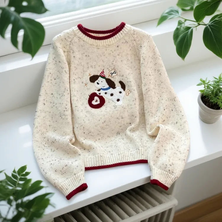 复古圆领卡通小狗刺绣套头毛衣女秋冬大码胖MM宽松遮肚打底针织衫