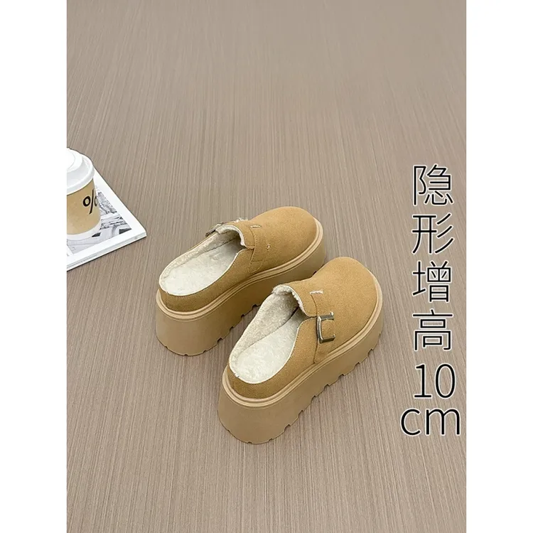 内增高10cm勃肯鞋女鞋秋冬季加绒小个子厚底松糕一脚蹬包头半拖鞋