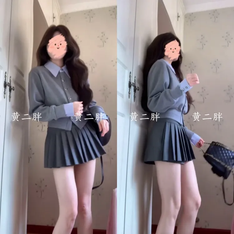 韩系撞色假两件长袖针织衫女秋冬季修身显瘦独特别致上衣+半身裙