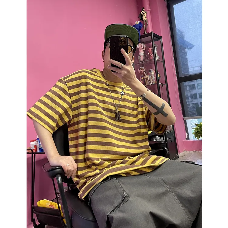 郑小米300g黄条纹宽松小领口嘻哈hiphop短袖男街头滑板海魂衫T恤