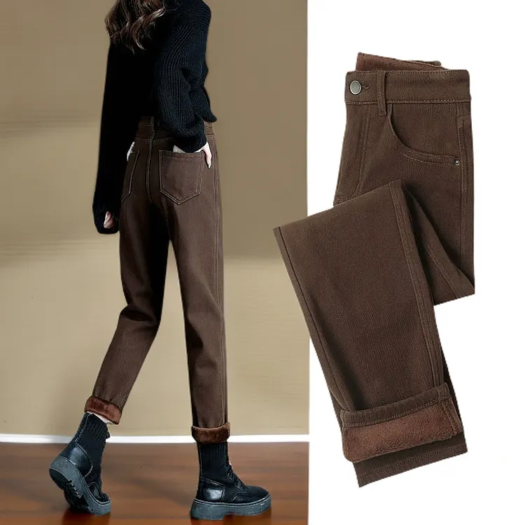 加厚咖啡色女士牛仔裤高腰宽松通勤加绒显瘦外穿老爹哈伦女款裤子