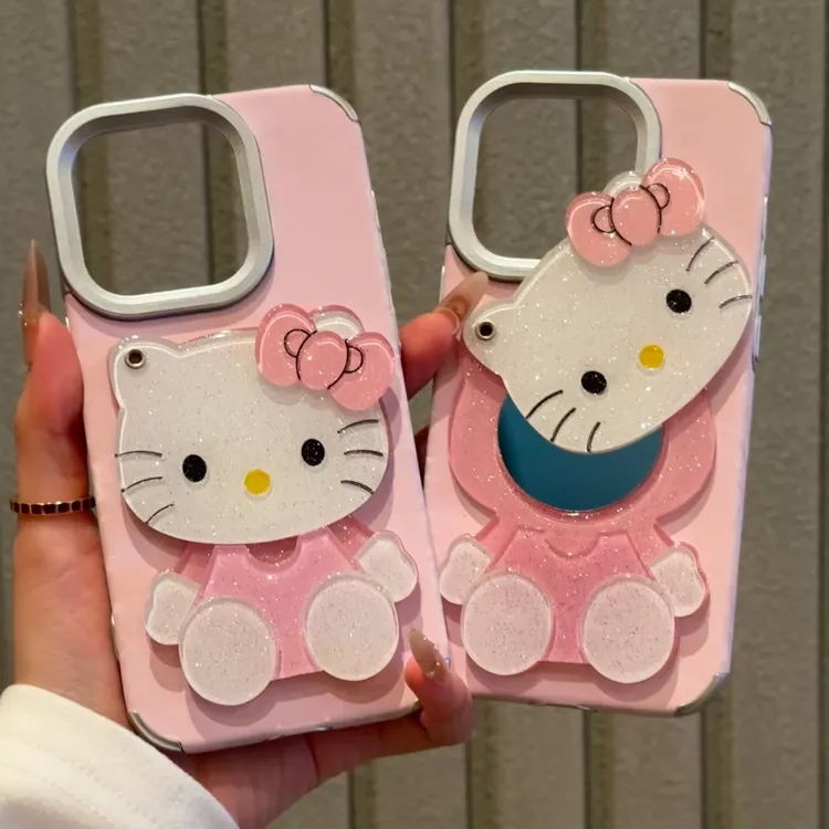 毛皮粉色kitty猫翻盖补妆镜适用苹果16/15/14promax手机壳13/12女