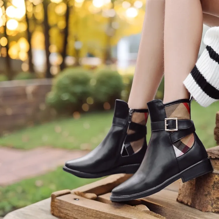2025年春秋新款拼色马丁靴女加绒加厚平跟短筒侧拉链英伦风小短靴