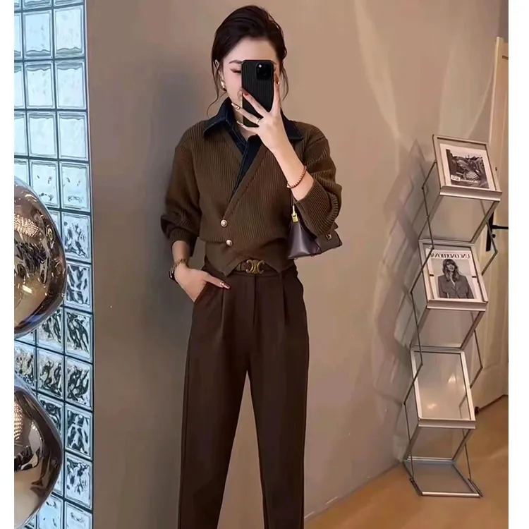 秋季装搭配一整套小个子干练气质女装套装设计感上衣休闲裤两件套