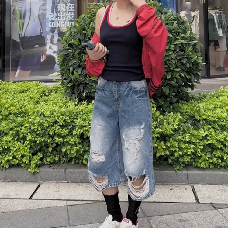 2025夏季新款高腰显瘦大码阔腿显瘦欧货破洞七分牛仔裤