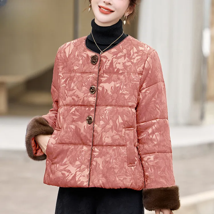 提花洋气羽绒服女冬装2025年新款中年时尚宽松复古保暖白鸭绒外套