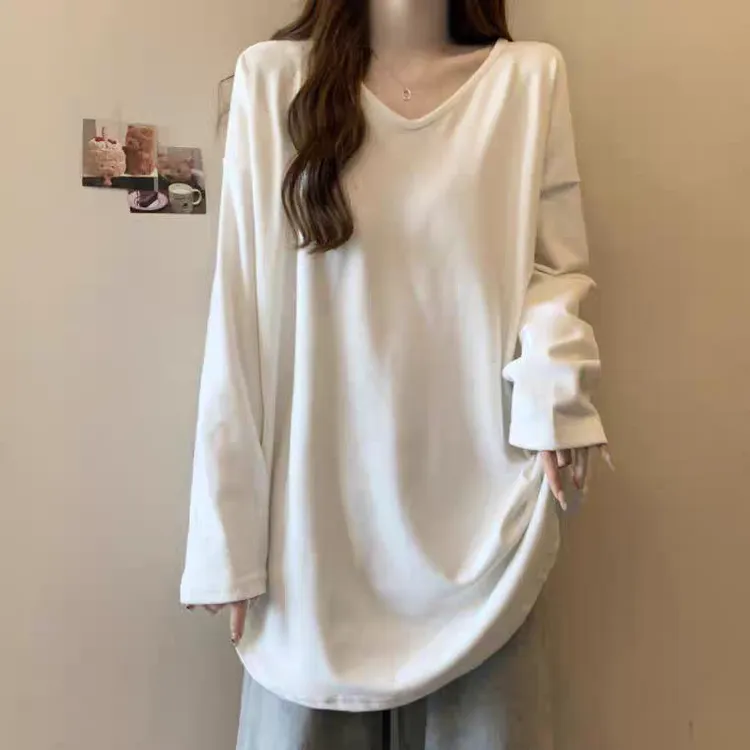 加长款遮屁股T恤女春秋大码V领打底衫百搭显瘦美式宽松慵懒风上衣
