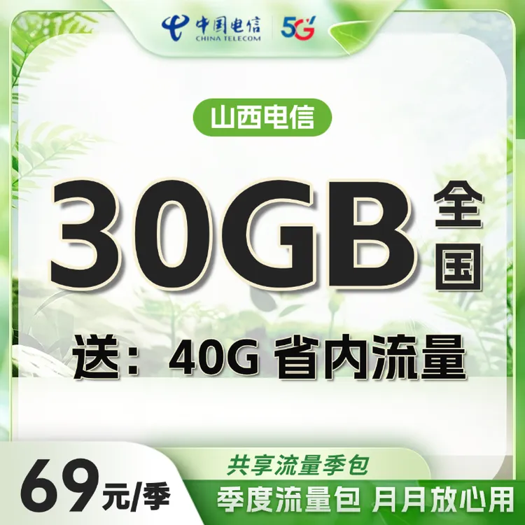 山西电信流量充值 30G流量包全国通用 送40G省内流量 季度包