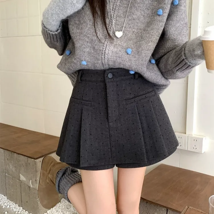 灰色miu系波点羊毛呢半身裙女秋冬新款胖m高腰显瘦防走光百褶短裙
