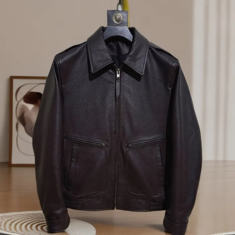 秋冬新款时尚休闲男士头层牛皮真皮皮衣男款修身翻领皮夹克外套