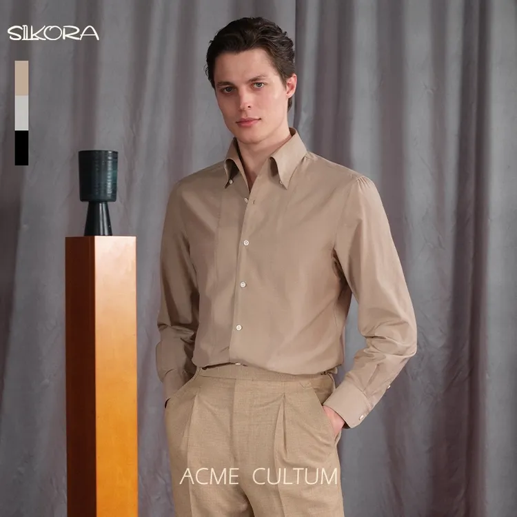 AC桑蚕丝平纹纺手工褶裥意式八字领长袖衬衫男高级感修身长袖衬衣