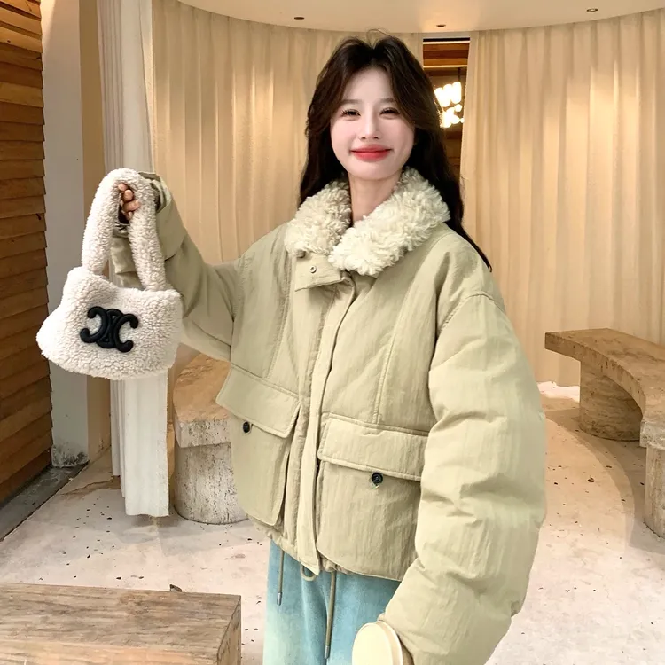 冬季女装秋冬新款加绒加厚小个子派克服韩式工装风羊羔毛保暖外套