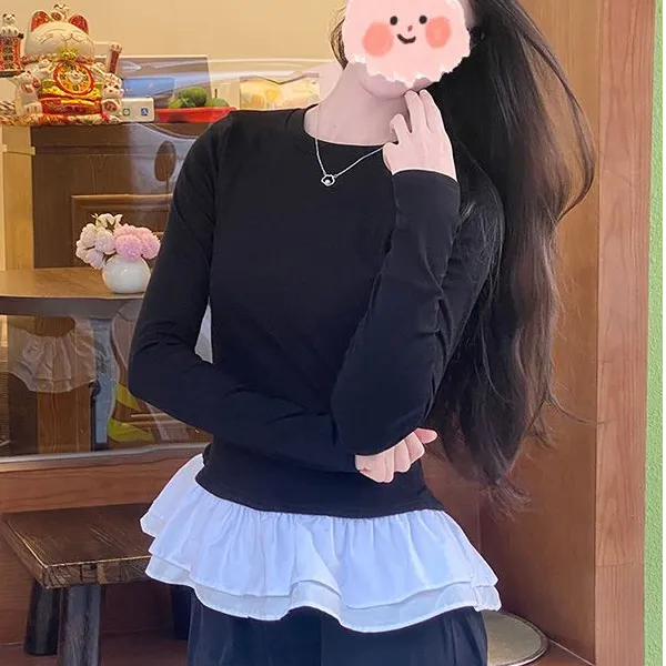 韩系芭蕾风设计感假两件蕾丝拼接长袖T恤女秋季小众收腰显瘦上衣