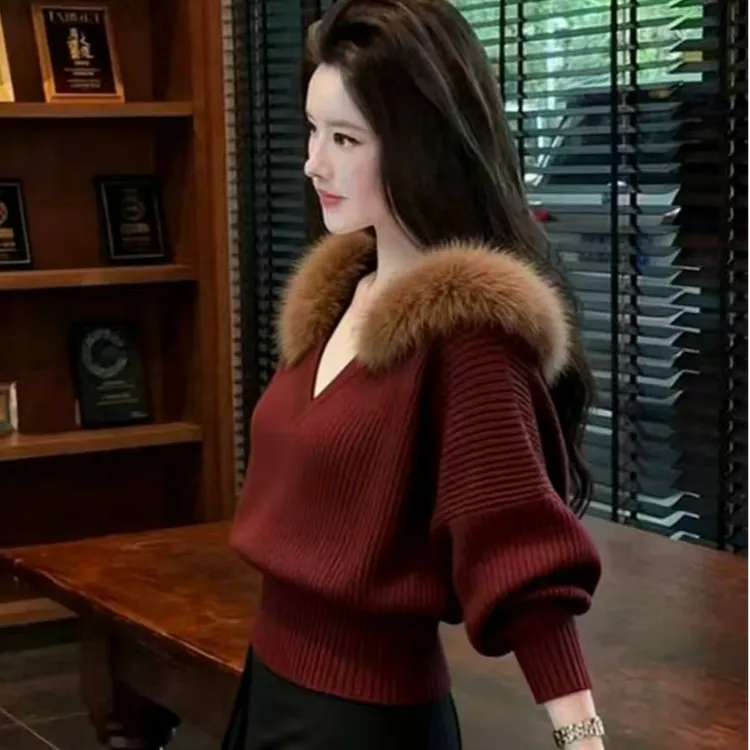 新年红色收腰针织衫毛针织衫针织保暖韩版短款百搭