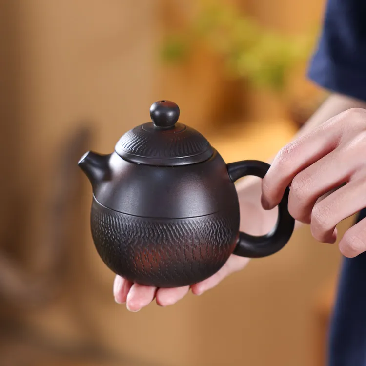 紫陶建水茶壶跳刀刻纹石瓢龙蛋单壶高档家用泡茶功夫茶具复古茶壶