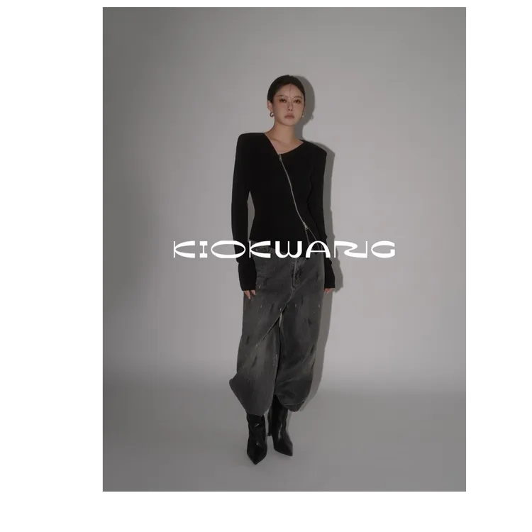 KIOKWANG//KKwang爆款 时尚斜拉链设计款修身显型长袖T恤上衣新款