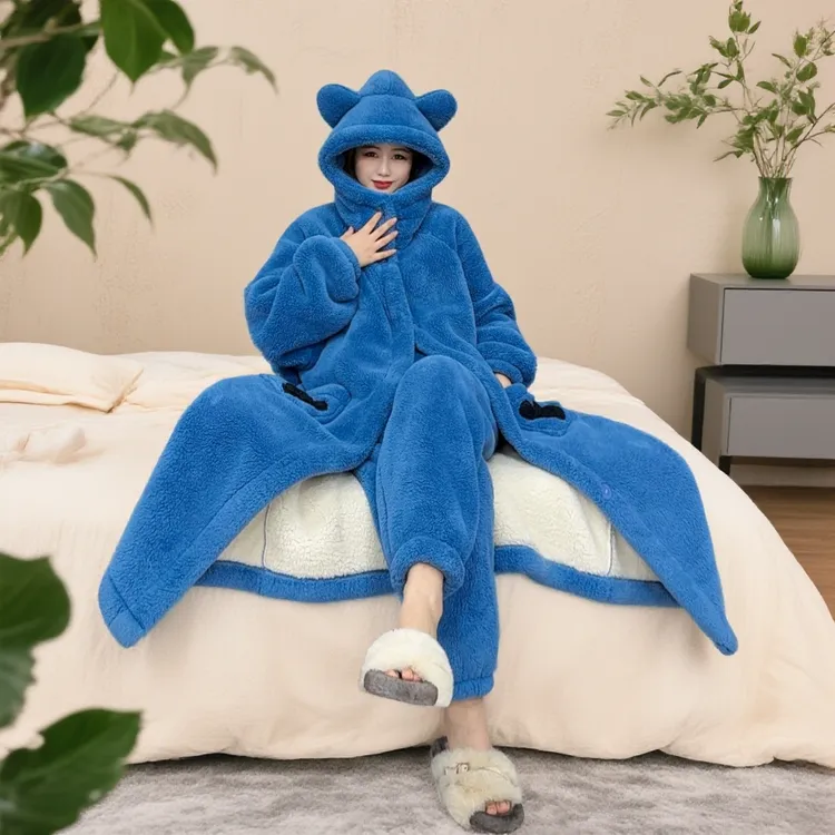 2025双层小熊加绒加厚新款睡袍家居服连帽宽松中长款保暖
