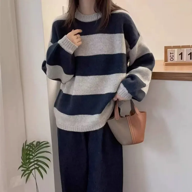 秋冬爆款条纹圆领羊毛衫宽松厚款慵懒风毛针织衫韩版长袖时尚上衣