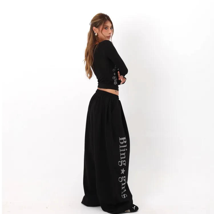 美式复古小众字母烫钻休闲卫裤街头设计感宽松休闲直筒阔腿裤