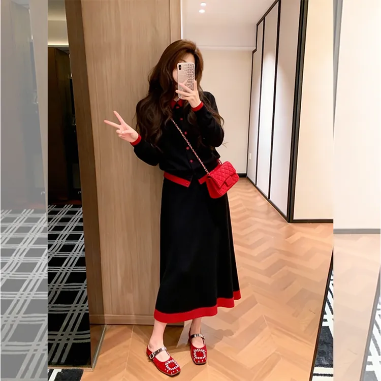 法式高级感撞色边针织衫2025年冬季新款时尚轻奢气质半身裙套装女