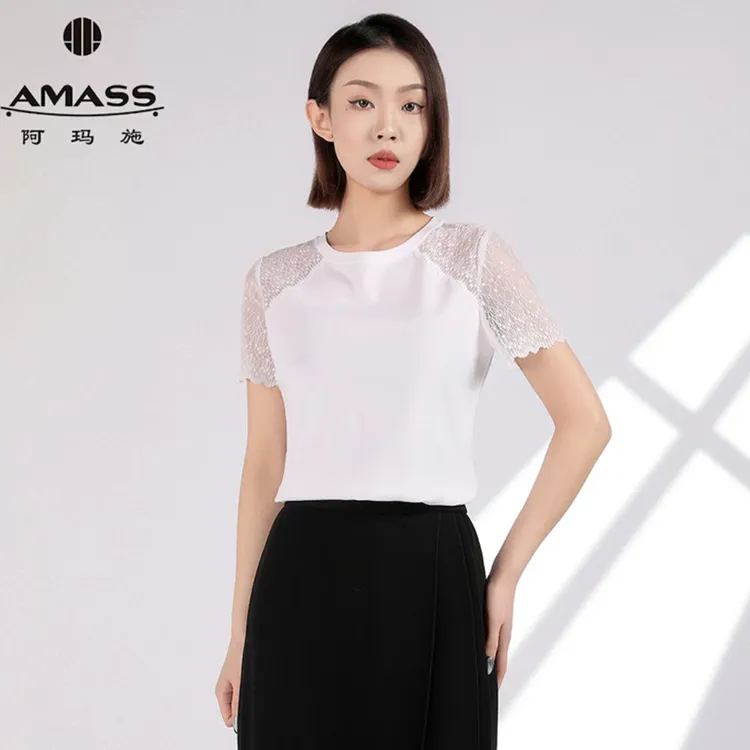【生如夏花】AMASS/阿玛施极简风蕾丝正肩薄款短袖T恤女圆领5301053