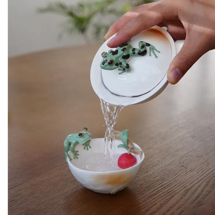 亘古 柴烧青蛙盖碗茶杯防烫防滑泡茶器陶瓷纯手工中式瓷盖碗创意