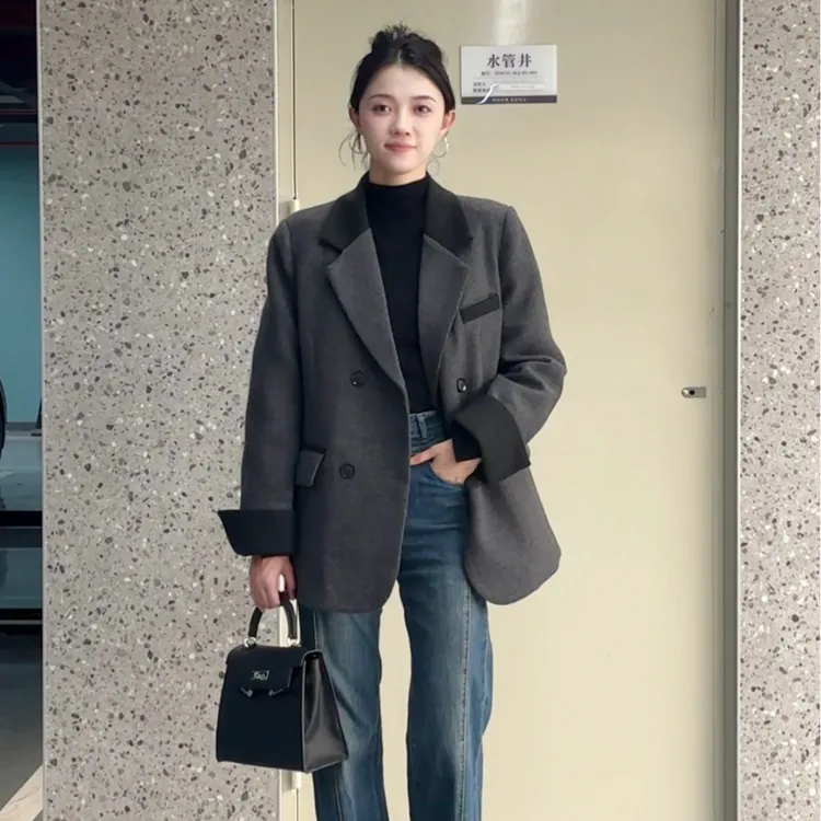 时尚设计感羽绒内胆英伦风女2026春季新款韩系宽松保暖西装外套