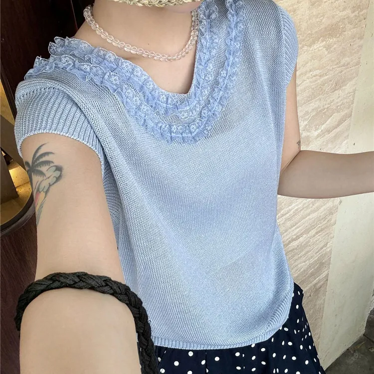 夏季时尚套头修身百搭蕾丝针织衫