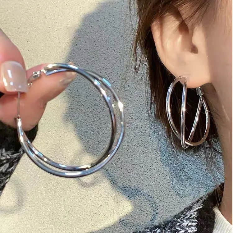 合金耳饰 冷淡风双环耳圈女轻奢高级感气质素圈大耳环耳扣耳饰 