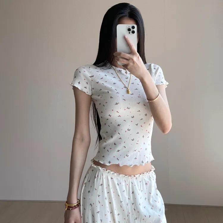 【消烦局长】cotton rib tank碎花短袖T恤女士辣妹短款修身显瘦上衣