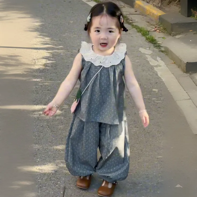 韩国童装女童2025夏季新款儿童洋气花边碎花背心灯笼裤韩版两件套