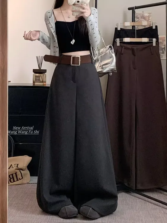 （送腰带）设计感阔腿裤秋冬时尚垂感加绒高腰休闲裤纯黑阔腿裤