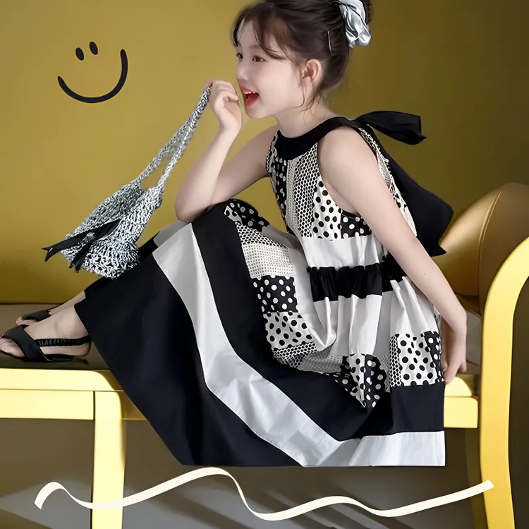 夏季中大童赫本风公主裙女童夏装飘逸棉布连衣裙无袖凉爽女孩文艺