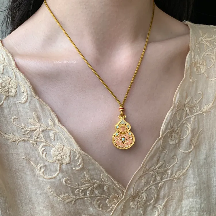 吊坠足银珐琅 足银999.9【海棠葫芦】 珐琅海棠花葫芦镀金吊坠