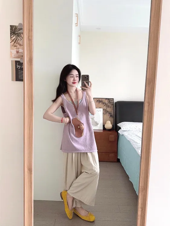 韩系紫色宽松显瘦无袖吊带背心女夏季休闲高腰直筒阔腿裤两件套装