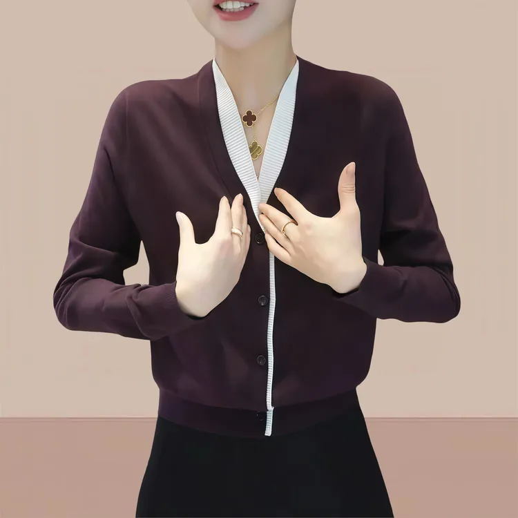 2025新款拼接长袖V领女士针织开衫上衣女秋冬季外搭开衫外套女款