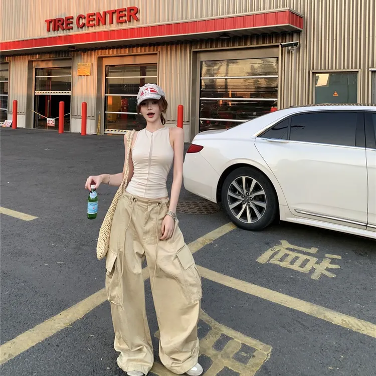 2025夏季新款简约风纯色背心无袖修身女显瘦复古高腰工装裤两件套
