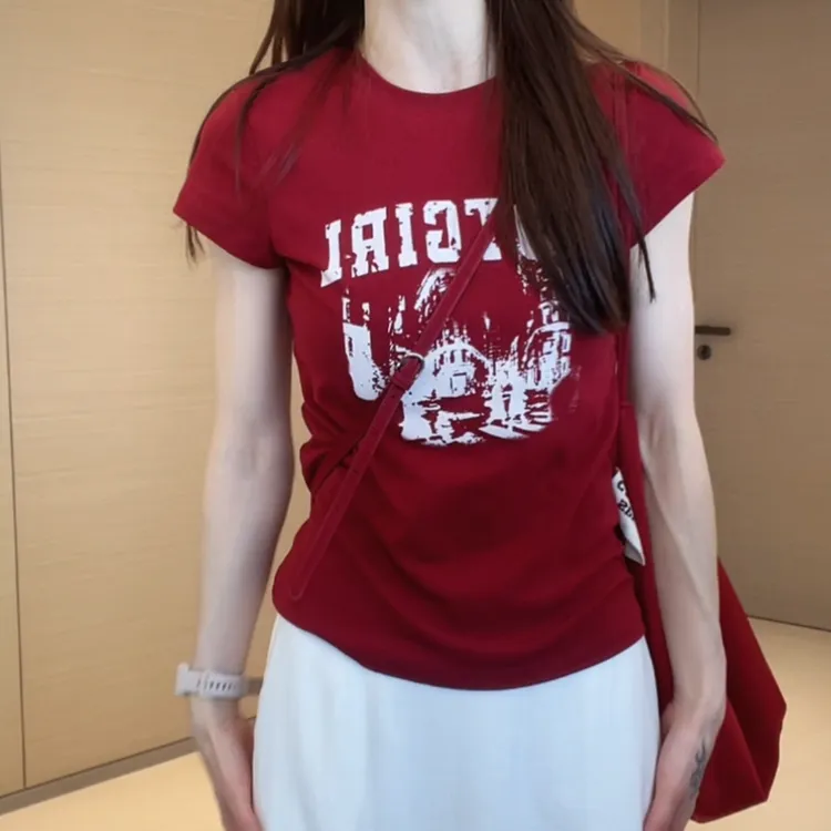 美式复古短袖字母印花t恤女2025年夏季新款修身运动正肩健身上衣