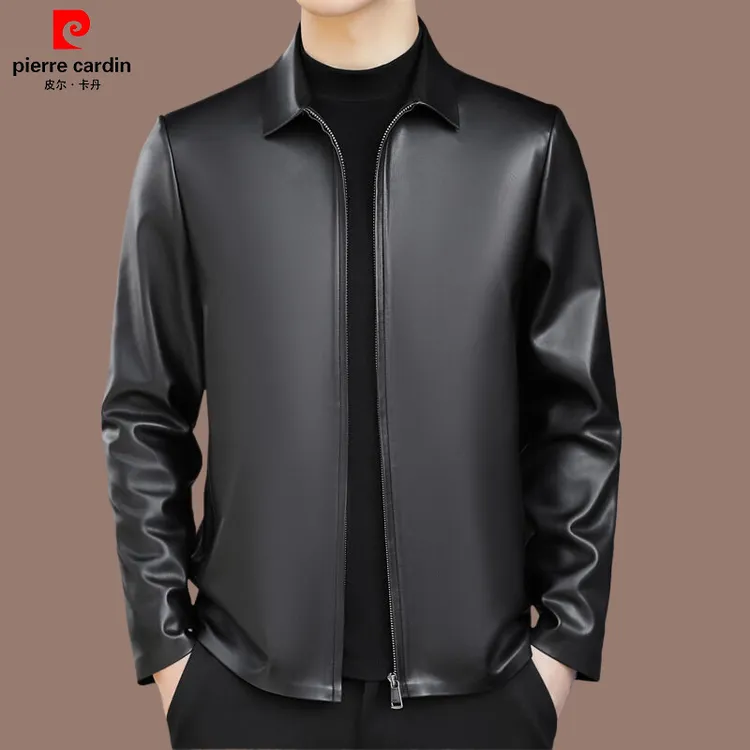 皮尔卡丹 官方正品 皮衣男士拉链款中年夹克春秋新款高档休闲外套