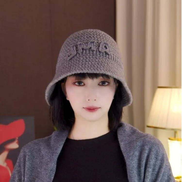 大头围针织渔夫帽子女2025秋冬季新款简约字母宽檐显脸小保暖盆帽