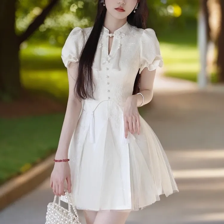Blovelan杉与浔记 白色旗袍短裙流苏网纱短袖连衣裙女夏季新款