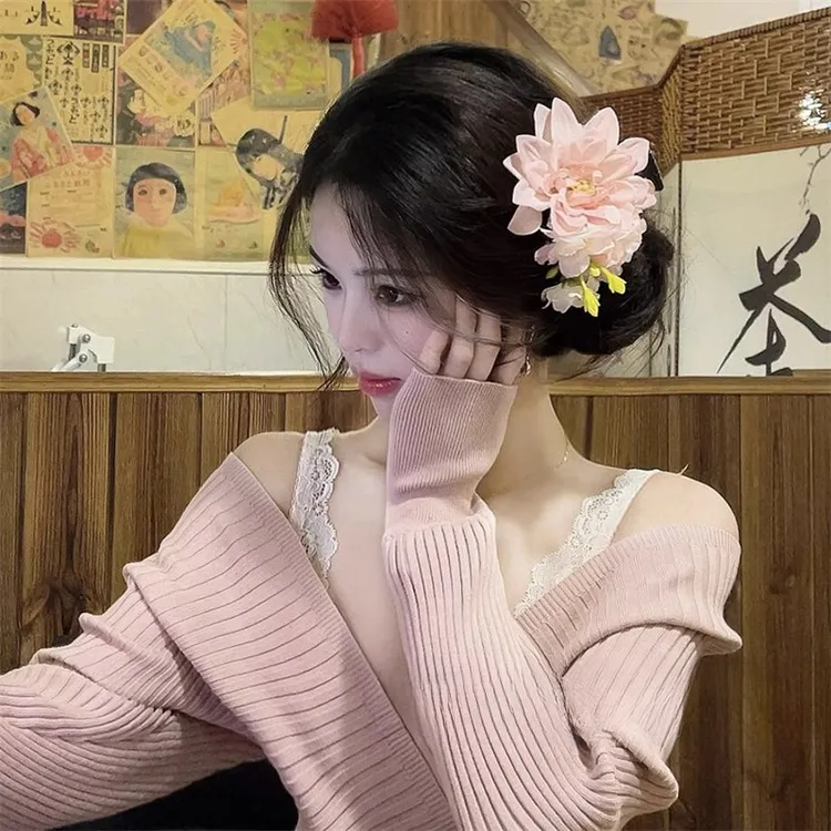 早春款新中式温柔粉色花朵发夹复古盘发丸子头簪花夹子氛围感发饰