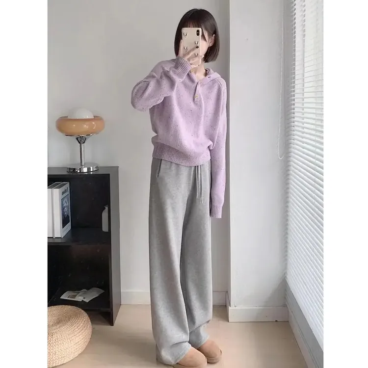 早秋穿搭一整套2025新款别致紫色连帽毛衣灰色休闲裤韩系两件套女