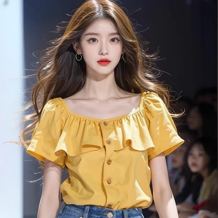 2025夏季新款法式芒果黄短袖衬衫女洋气别致超好看荷叶边上衣女