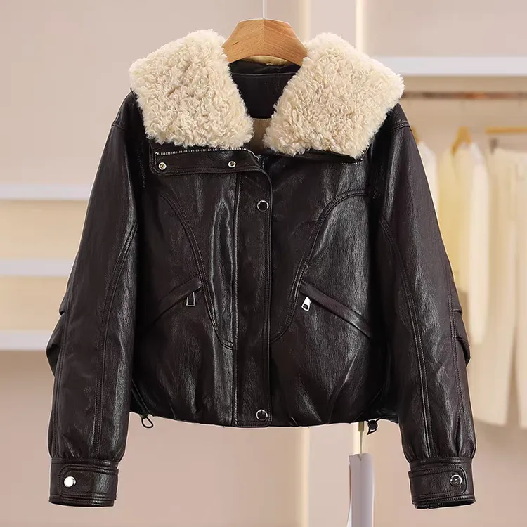 专柜高品质减龄时尚皮衣外套女机车服夹克月牙羽绒上衣A1880876