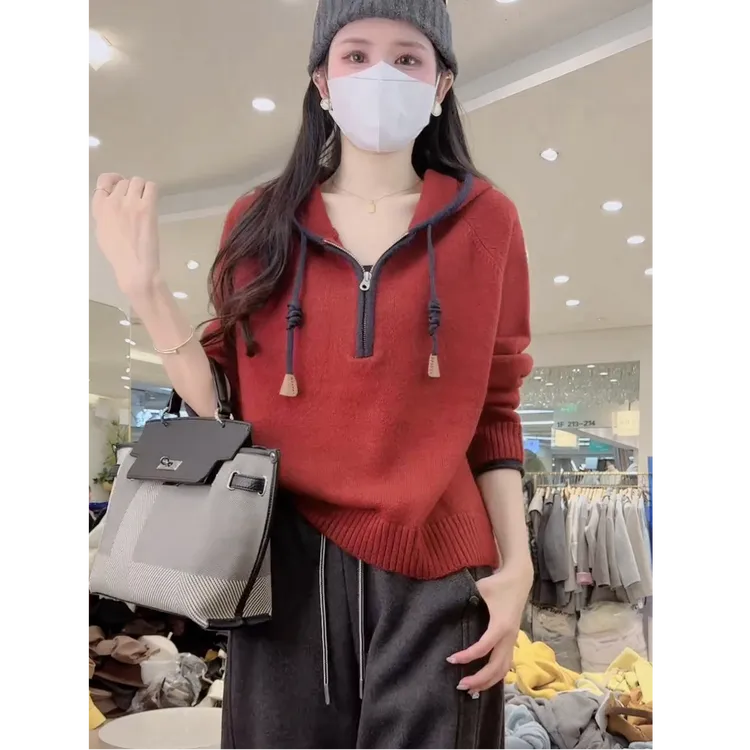 红色半拉链连帽毛衣女内搭秋冬2025新款韩系慵懒减龄打底针织上衣